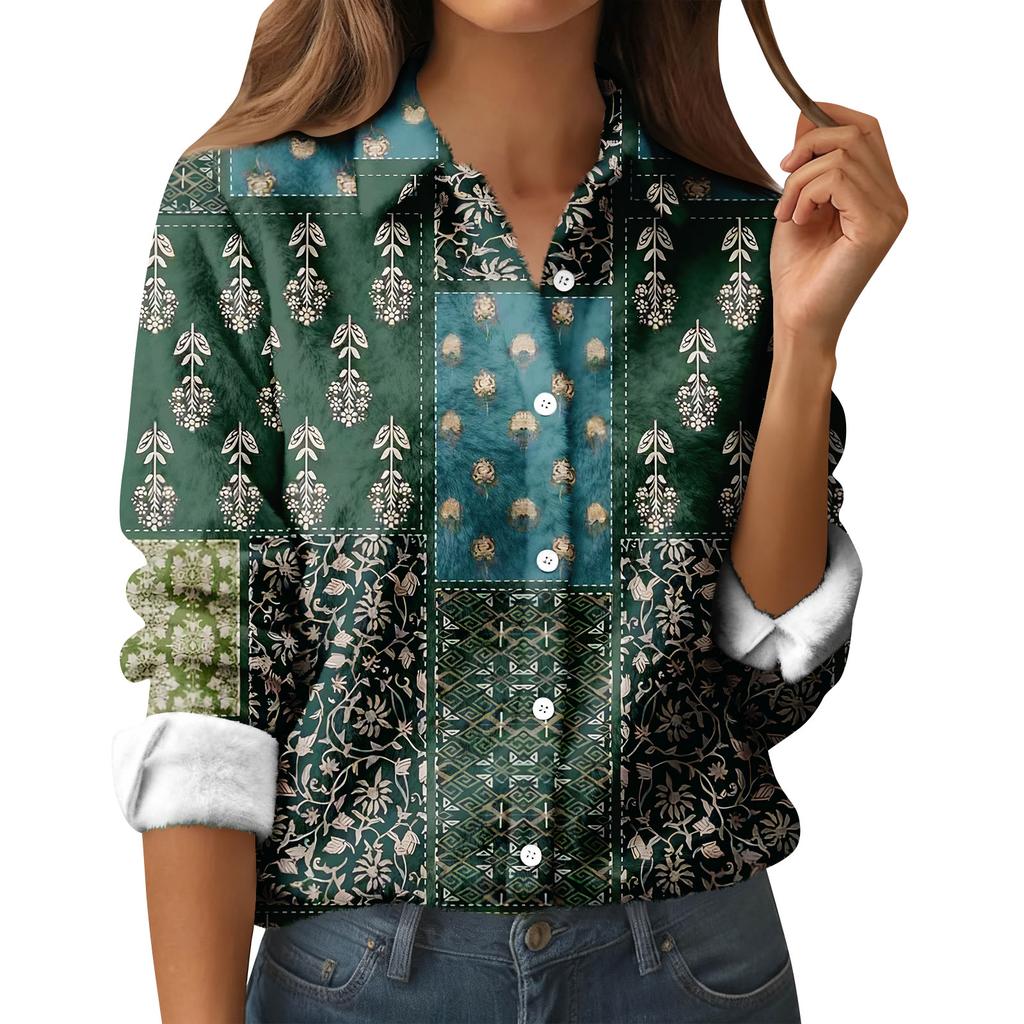 Camicia da donna, camicetta, stampa, bottoni, manica lunga, casual, basic, colletto, regolare