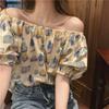 Chiffon floral top age-reducing girl short-sleeved Korean version summer one-word shoulder top bubble sleeve new foreign French style