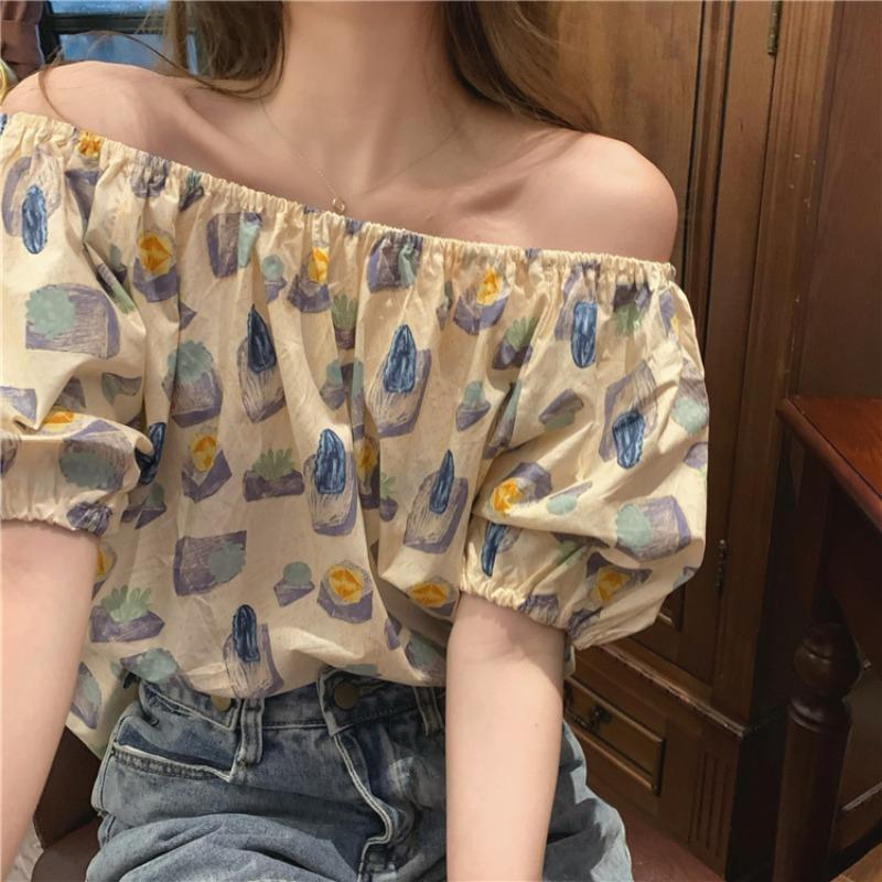 Chiffon floral top age-reducing girl short-sleeved Korean version summer one-word shoulder top bubble sleeve new foreign French style