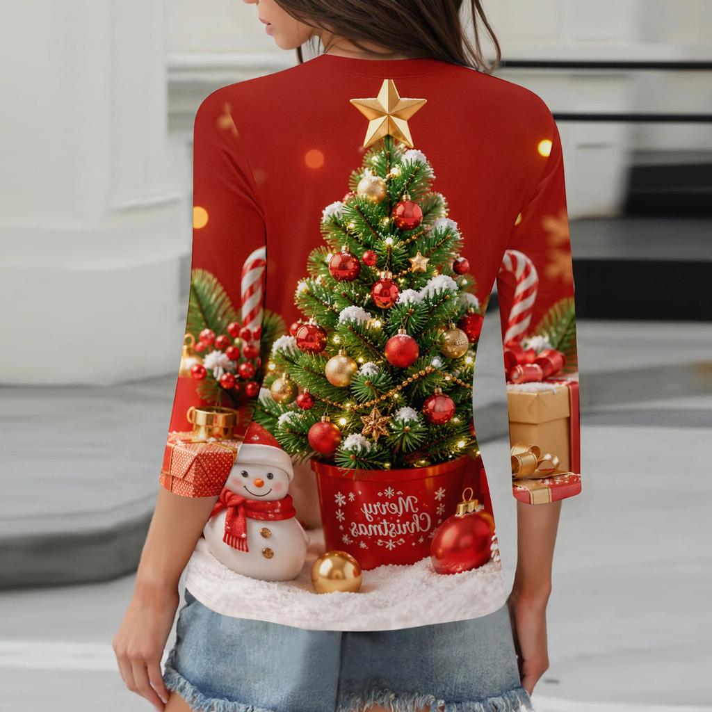 Women's Stylish Casual Christmas Print V-Neck Button Three-Quarter Sleeve T-Shirt