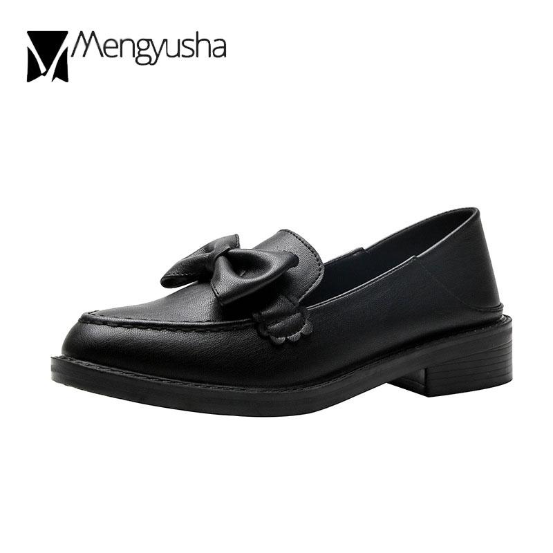 Preppy Girls Bowknot Oxfords Women Slip On Loafers Retro Small Leather Shoes Woman Winter Plush Round Toe Warm Plush Flats 34-41