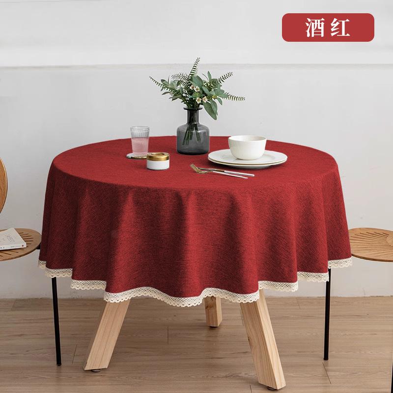 Round Solid Color Dining Table Cloth French Lace Cotton Linen Waterproof and Oil Proof Hotel Restaurant Tablecloth Decoration