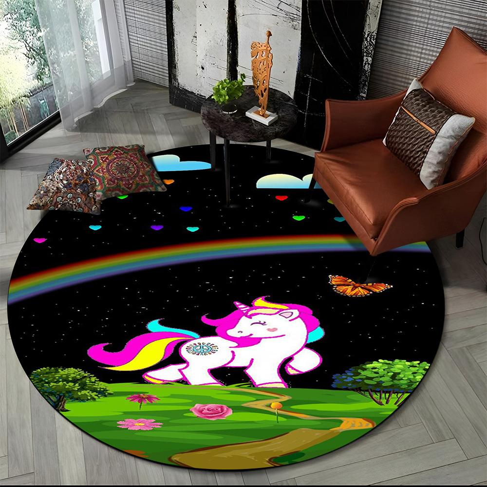 Unicorn Cartoon Animal Round Carpet Rug for Living Room Children's Bedroom Sofa Decor,Kid Paly Game Area Rug Non-slip Floor Mat