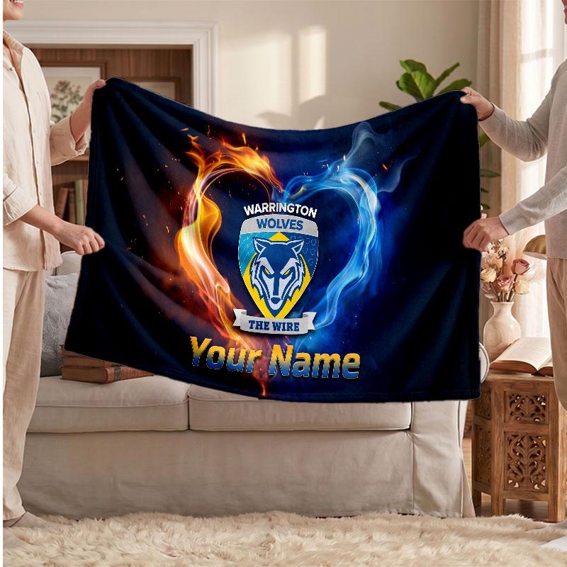 Warrington Wolves FC Personalized Fleece Blanket With Football Logo, Custom Name Text Soft Warm Home Throw Blanket
