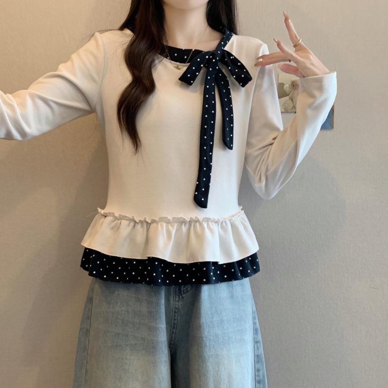 

2026 Spring/Autumn Plus Size Women s Patchwork Scarf Collar Dress: Slim Fit, Loose Round Neck, Bow Detail L абрикосовий