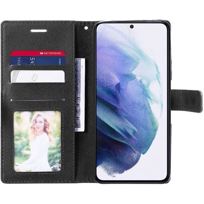 Coque pour Samsung Galaxy S21 - BOOLING - Antichoc - 2 Verres Trempés - Synthécuir Noir - Rangement pour Cartes