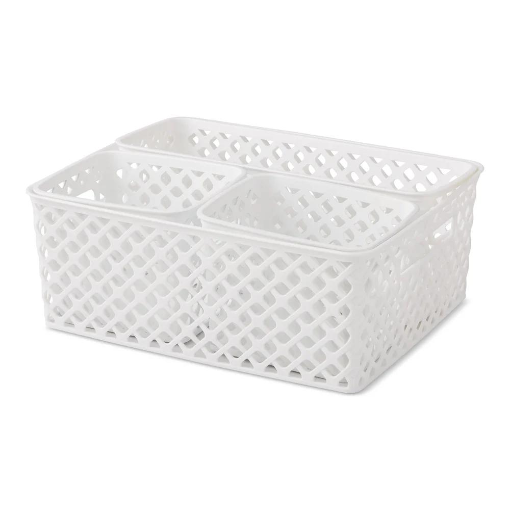 4 Piece Decorative Storage Basket Set Plastic Organizer Bins Durable White Baskets Home Kitchen Closet Toy Tool Storage