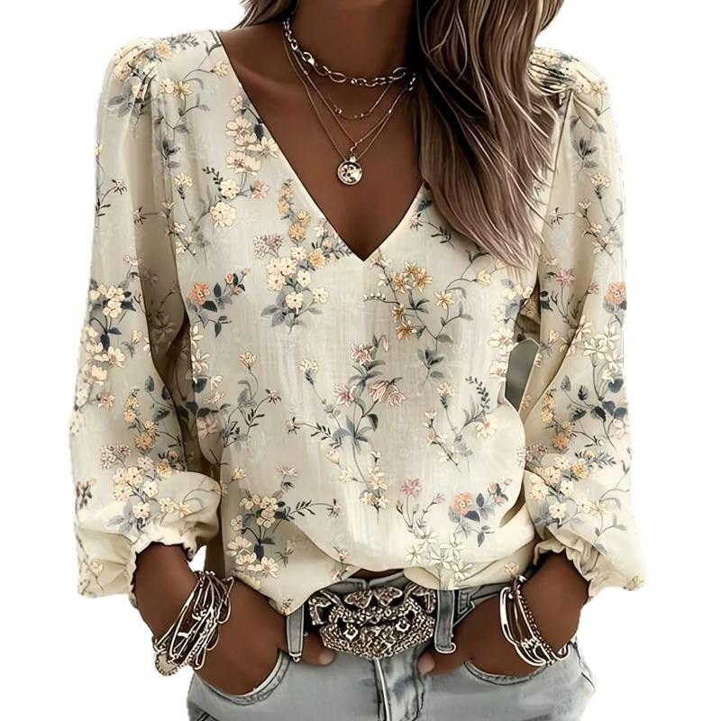 Damen S V-Ausschnitt Floral Chiffon Hemd Lockerer Sitz Langarm Bluse