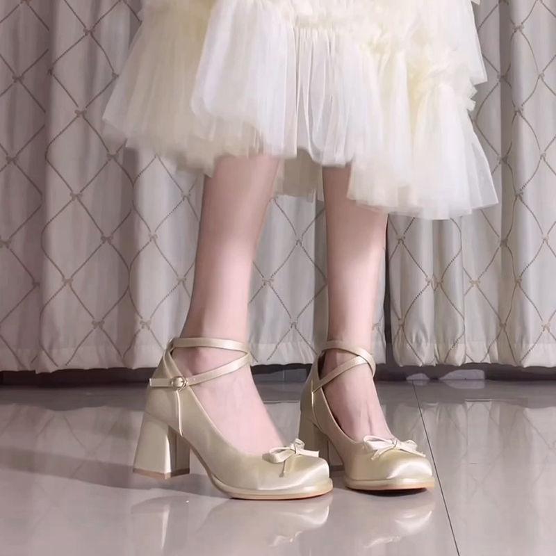 Fashion Women's Shoes French Style Platform Single Shoes Fashion Butterfly-knot High Heels Mary Jane Shoes High Quality Silk Dress Pumps