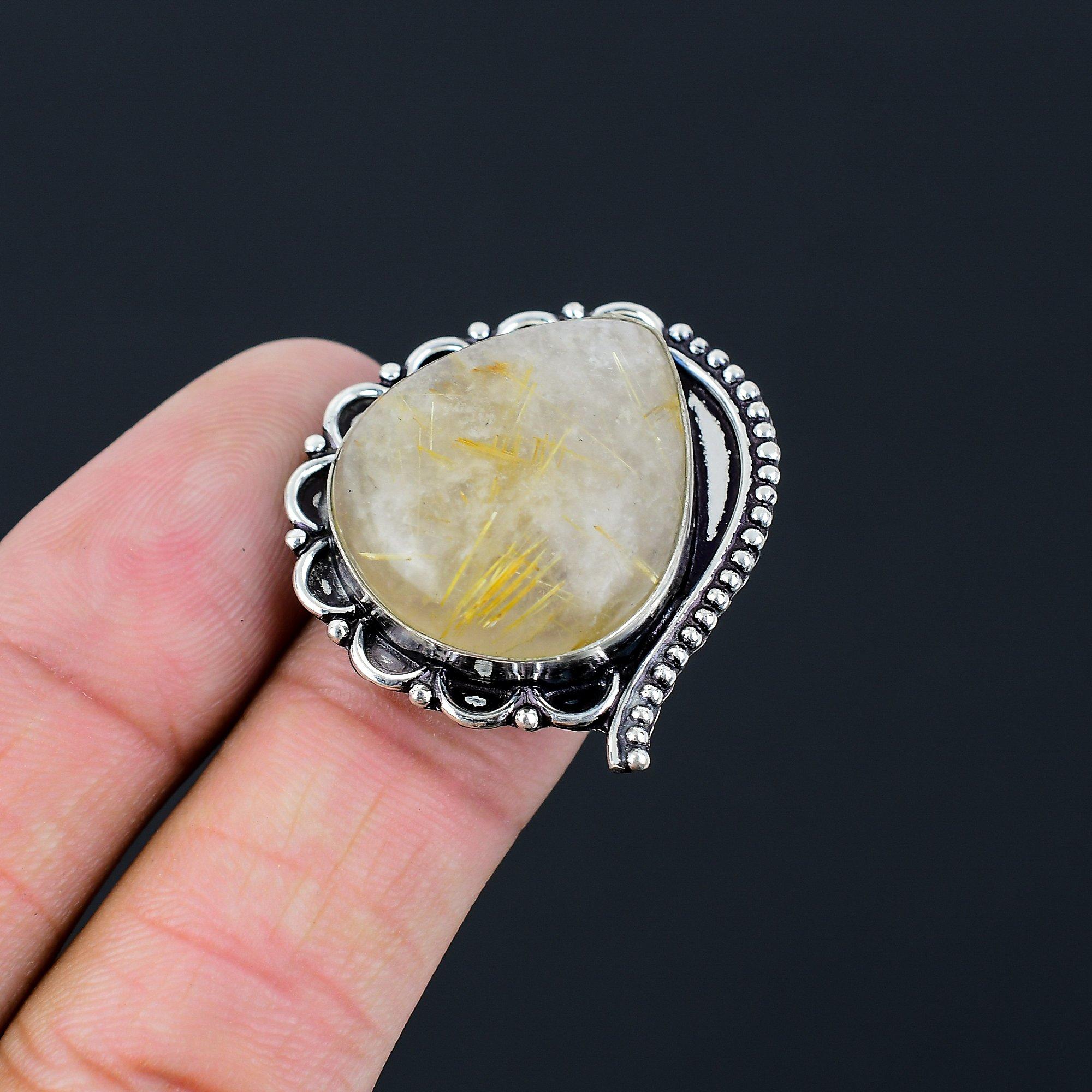 Natural Golden Rutile Solitaire Anniversary Artisan Ring Jewelry 925 Silver US 7 7