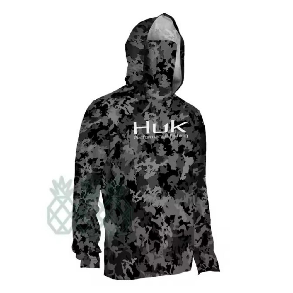 HUK da Uomo Transfrontaliero Manica Lunga con Cappuccio e Mascherina Facciale Tuta da Pesca Intera Maglietta con Protezione UV Tuta da Pesca Protezione Solare