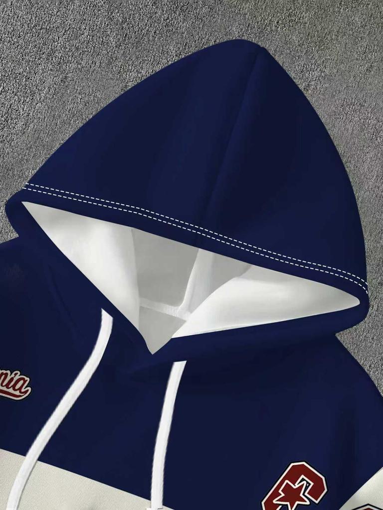 Męska bluza z kapturem Retro z nadrukiem 3D - California Sport Division, Niebiesko-biały Color Block Modny Design