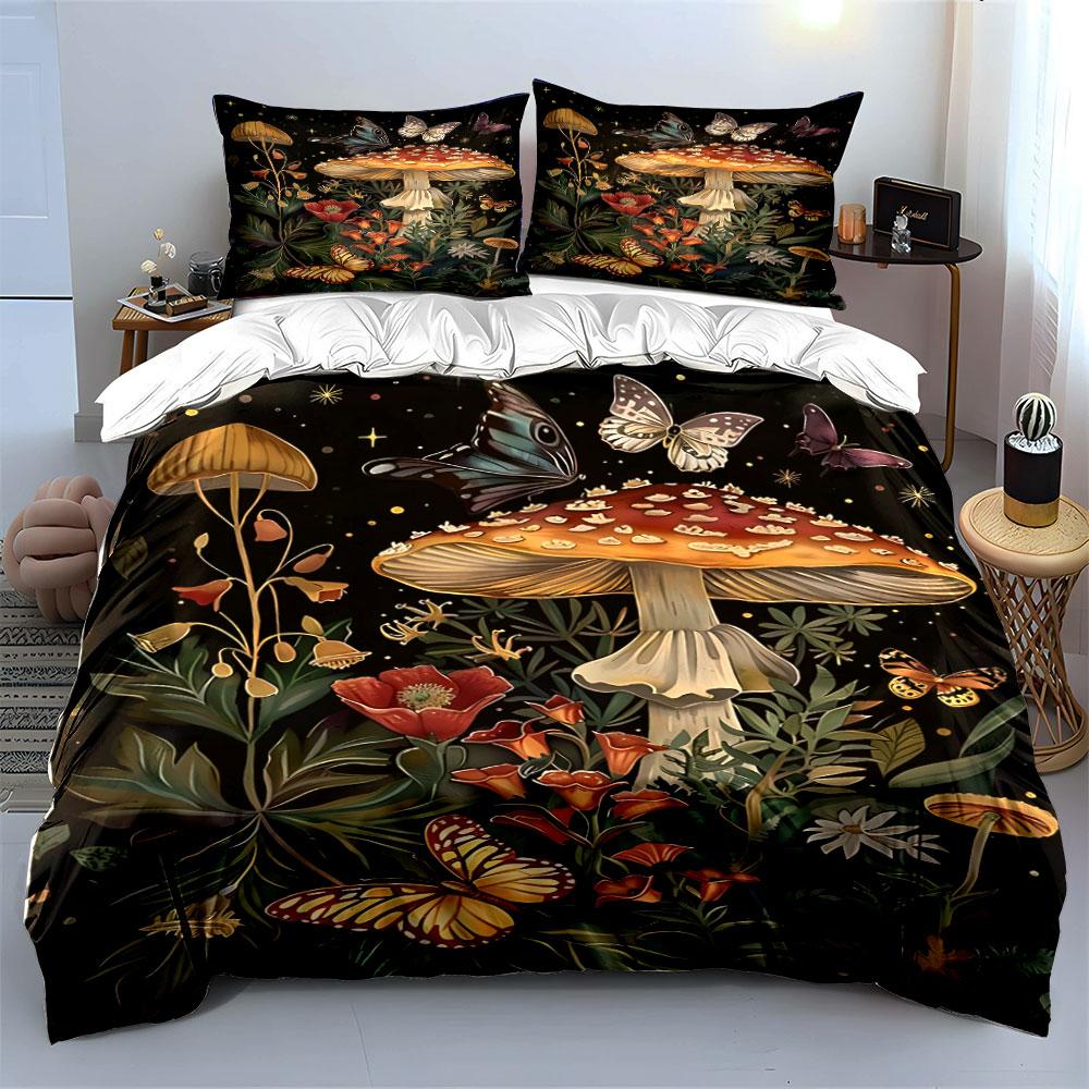 Vibrant Mushroom Grove with Fluttering Butterflies Print Bedding Set 1 Duvet Cover 2 Pillowcases for Adult and Children Gift