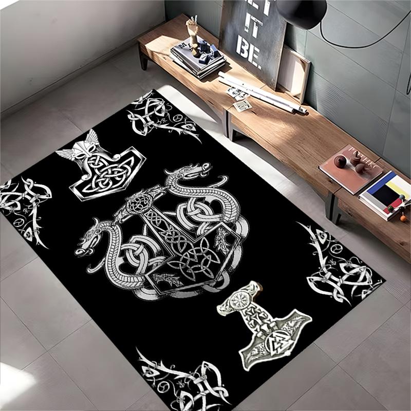 Area Rug, Norse Viking Mjolnir Hammer Celtic Knot Dragon White Black Print, Man Cave Decor, Non-Slip Mat
