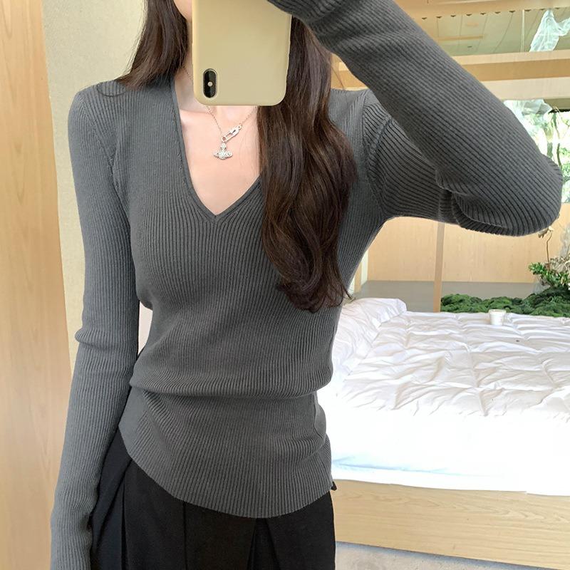 Spice girl neck knitted sweater women's spring, autumn and winter inner bottoming shirt slim and thin waist tight shoulder long-sleeved top