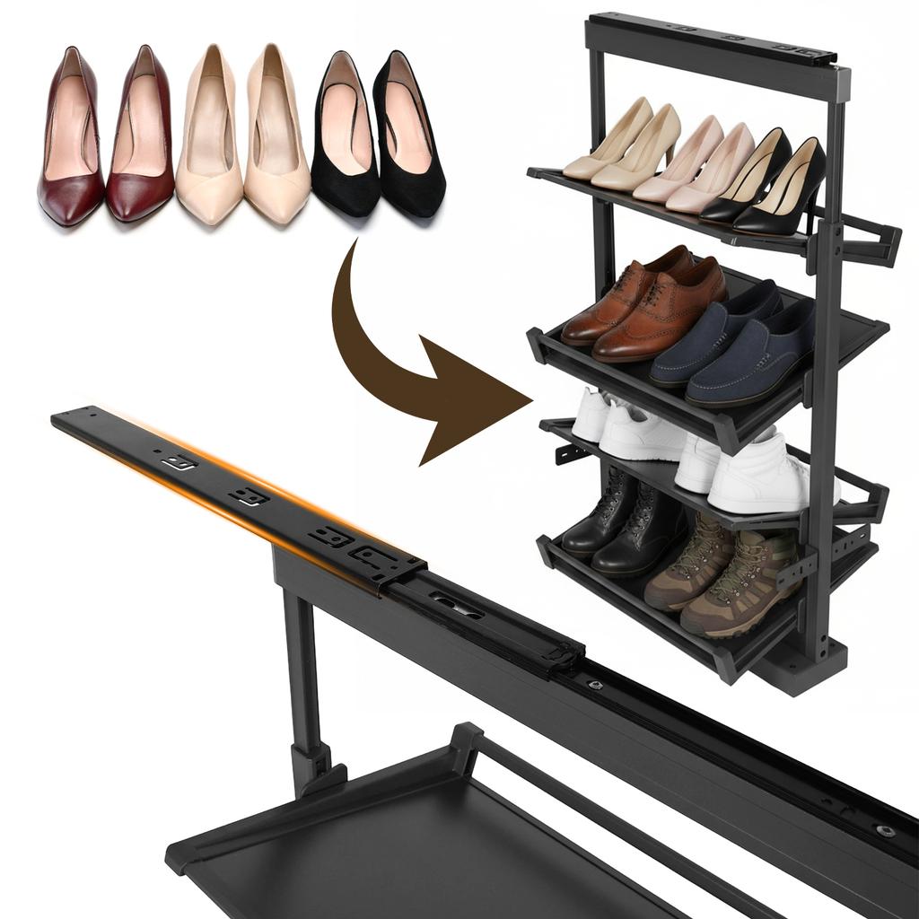 4 Tier Pull-Out Shoe Storage Organizer Adjustable Height Retractable Metal Stackable Shoe Rack for Small Bedroom Closet