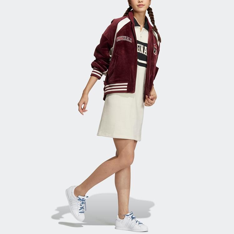 Adidas Originals Trefoil Striped Detail Logo Embroidery Color-Block Zip-Up Cotton Jacket Women Outerwear Burgundy HY4180