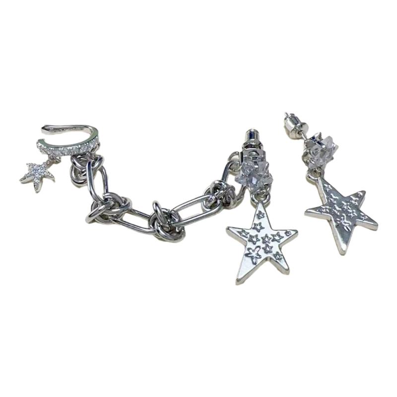 Fashion Sliver Asymmetric Star Chain Integrated Tassels Earring for Women 2023 Trend Crystal Drop Earring Y2K Jewelry