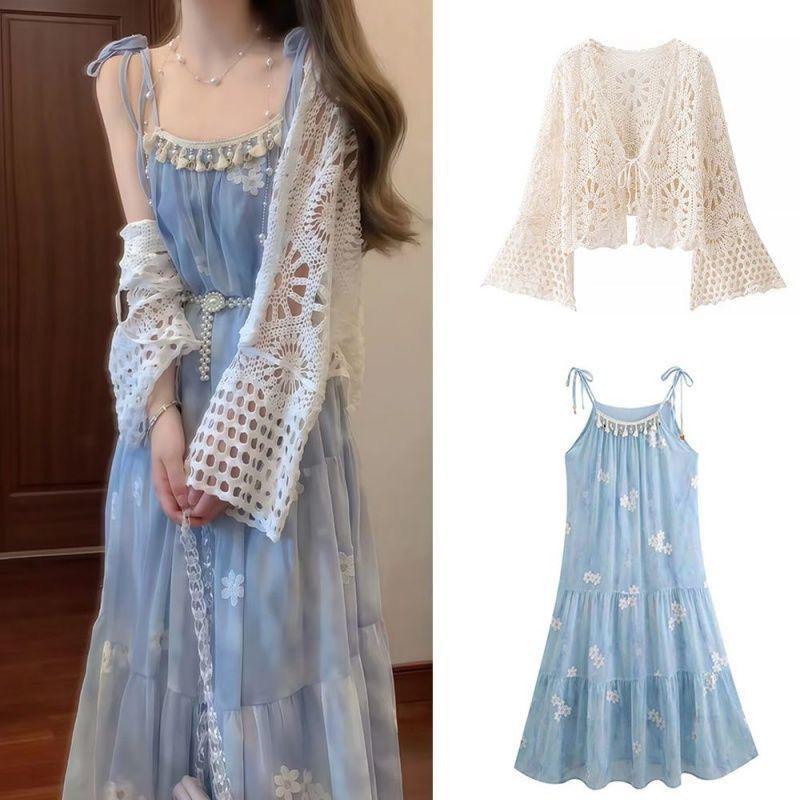 2026 Summer Floral Spaghetti Strap Hollow Out Long Dress, Women s Seaside Vacation Style Medium