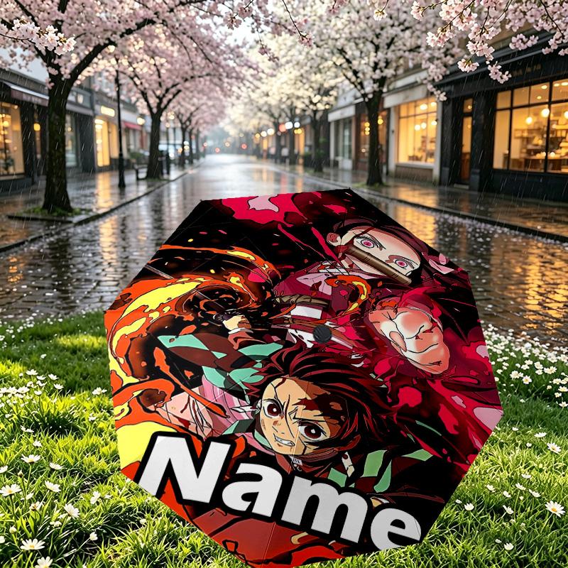 Custom Name Personalized Demon Slayer Print Umbrella, Auto Open Close, 8‑Rib Sturdy Frame, Commute Camping Hiking Use, Birthday Gift