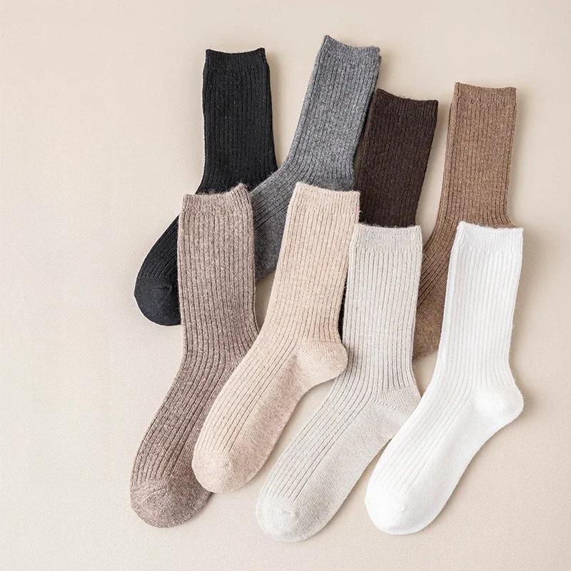 2025 Stacking Wool Socks Women Winter Solid Tube Socks Double Needle Knit Thickened Warm and Velvet Socks