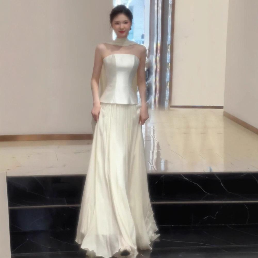 French tube top bridal engagement dress 1011 new sleeveless Mori simple satin dress travel photo light wedding dress