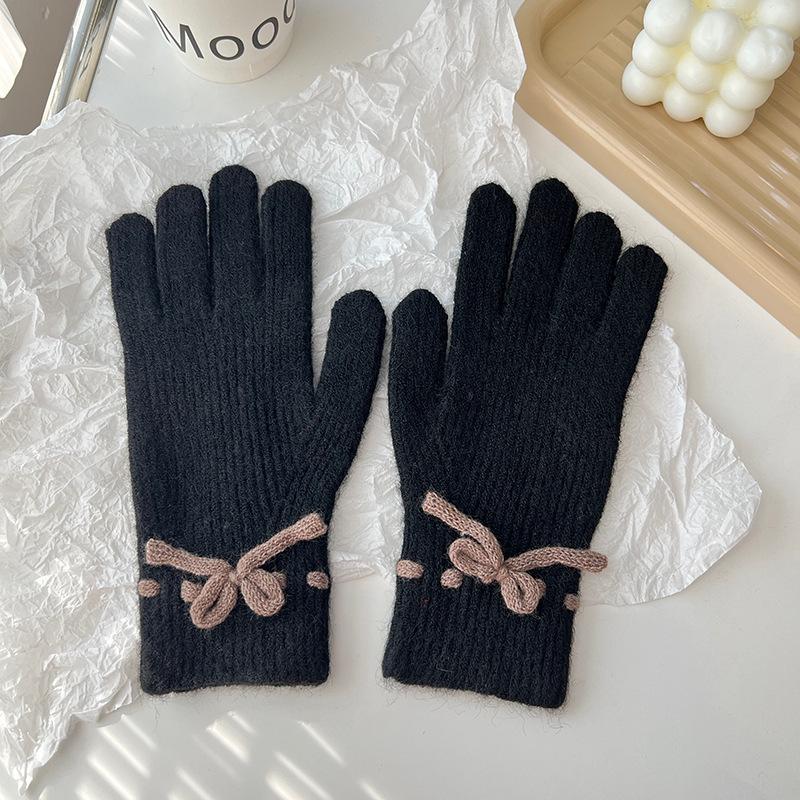 Autumn and Winter New Solid Color Cute Bow Korean Style Sweet Split Finger Touch Screen Student Cold Proof Warm Gloves