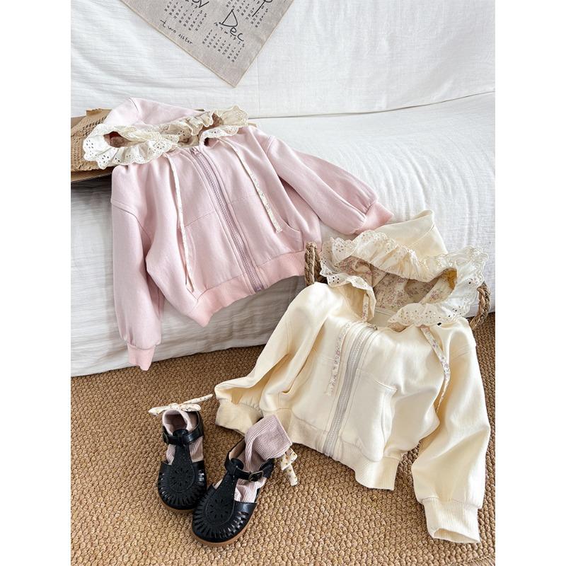 Girls Korean Style Jacket New Children's Autumn Pastoral Cute All-match Hat Lace Edge Zipper Sweater