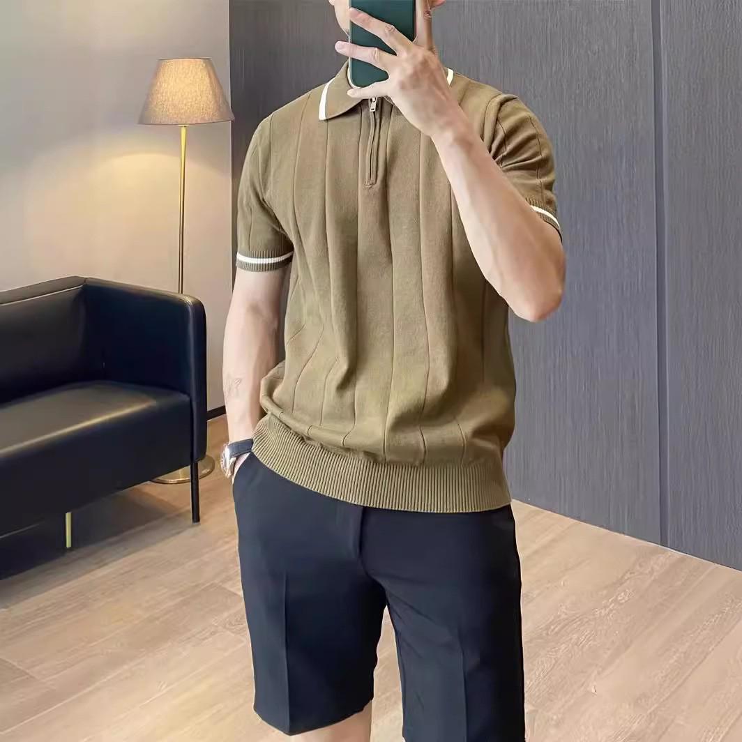 

Men s Trendy Color-Blocked Polo - Summer Knitted, Short Sleeve, Beaded Lapel XL