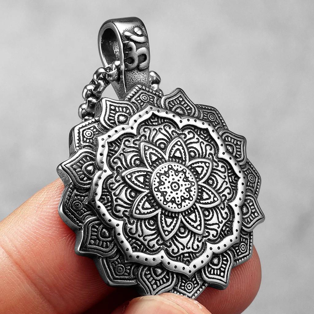 Buddhism Mandala Flower Amulet Men Necklaces Stainless Steel Pendants Chains Women Jewelry Cool Male Accessories Gifts