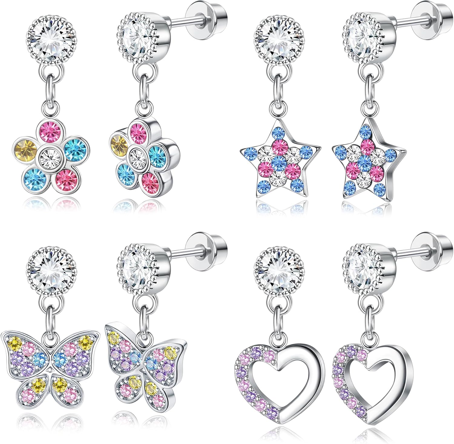 Bobisty 4Pairs Screw Back Earrings For Women 316L Stainless Steel Cute Pink CZ Heart Dangle Earrings Flower Butterfly Earrings