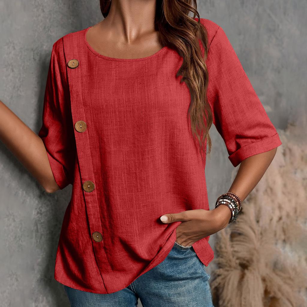 New Women's Cotton And Linen Button,down Casual Top
