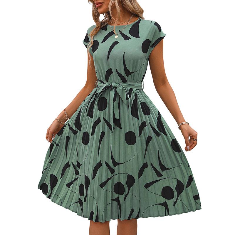 2025 Geometrischer Druck Midilanges Sommerkleid - Plissiert Europäischer & Amerikanischer Stil Damenbekleidung