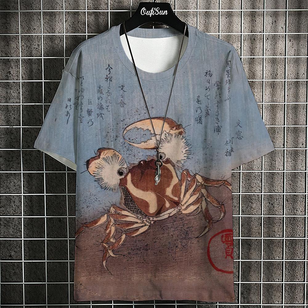Retro Japanese Ukiyo-e Style Summer 3D Oversized Men's T-shirt Loose and Comfortable Breathable, Suitable for Daily Wear