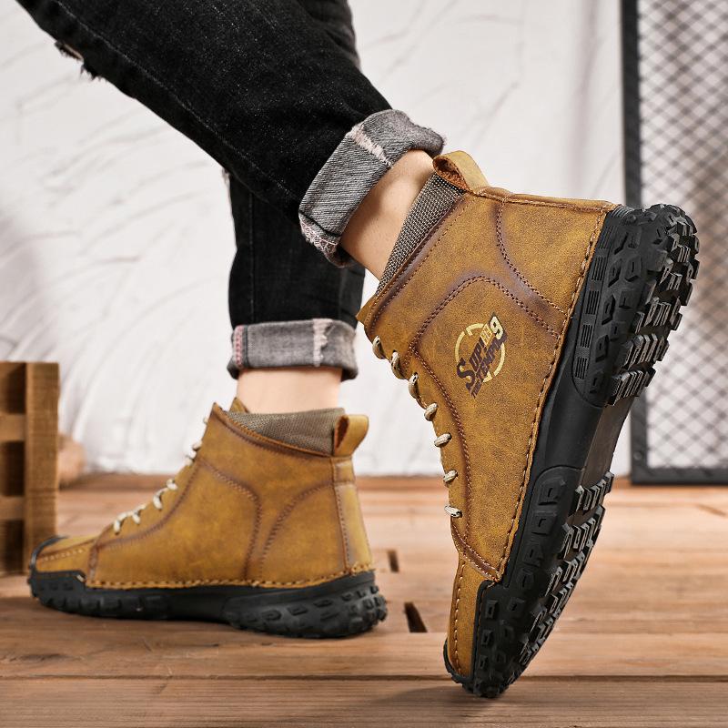2025 New Large Size Men's Shoes Hand-sewn Medium and High Top Casual Shoes Leather Flat Bottom Outdoor Tooling Boots