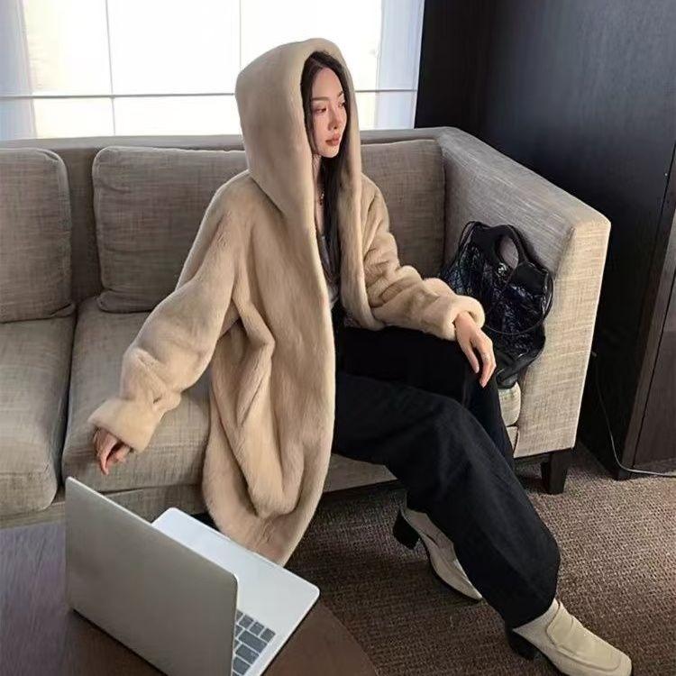 Women Faux Fur Coat Solid Hooded Long Fur Coat Fluffy Luxury Loose Casual Outerwear Winter