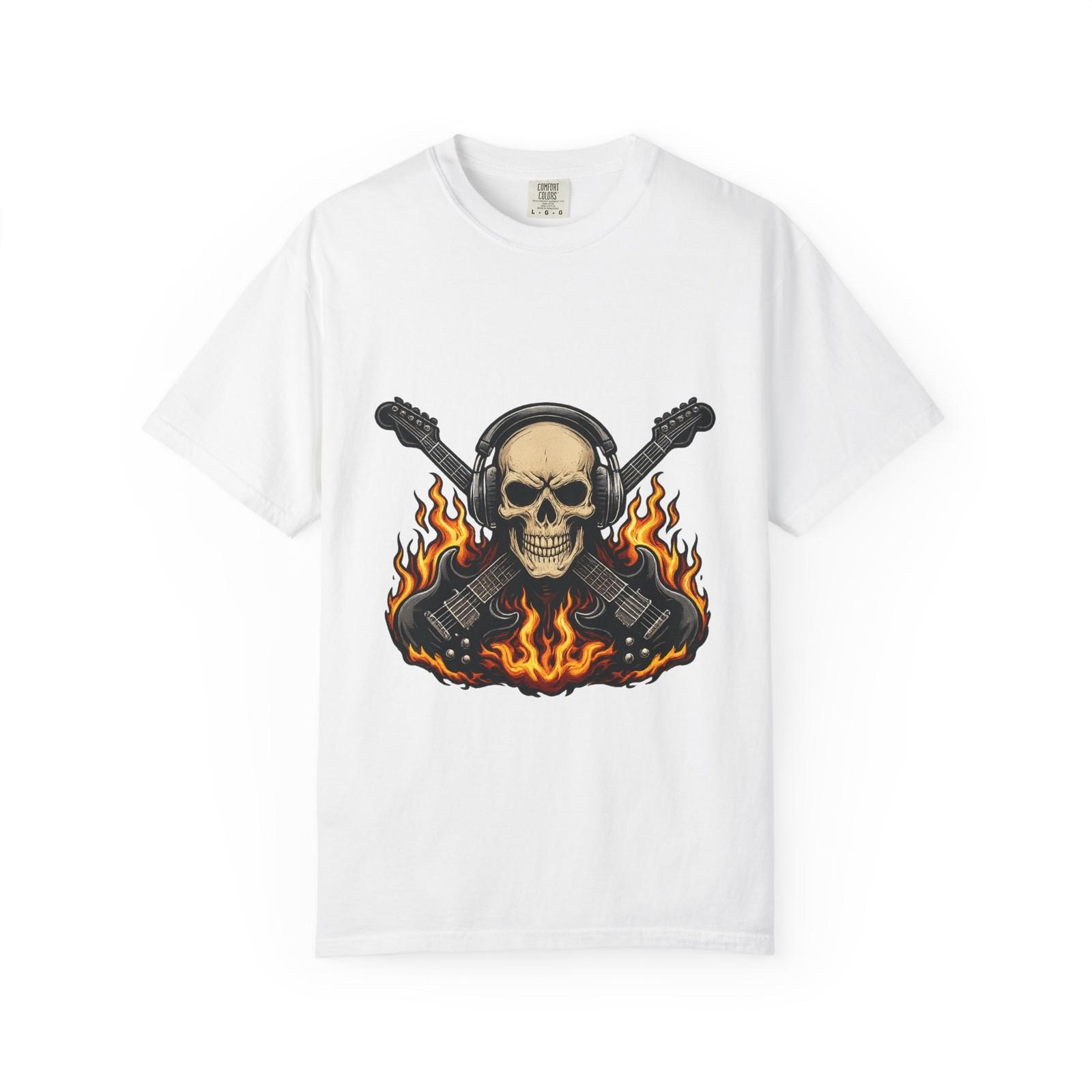 Flaming Skull with Headphones and Crossed Guitars T-shirt S