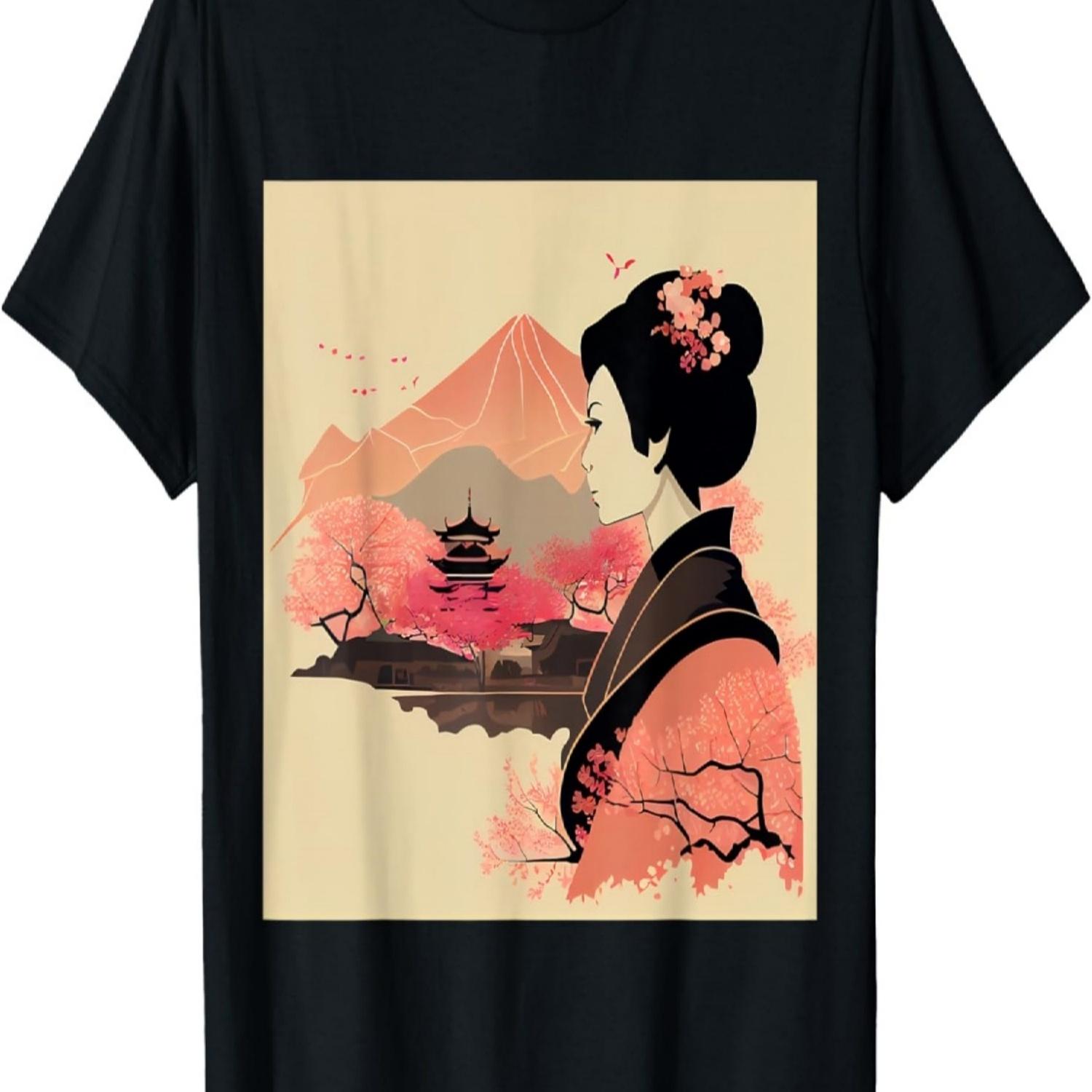 Lady Cherry Blossom Geisha Mountain and Castle T-Shirt S чёрный