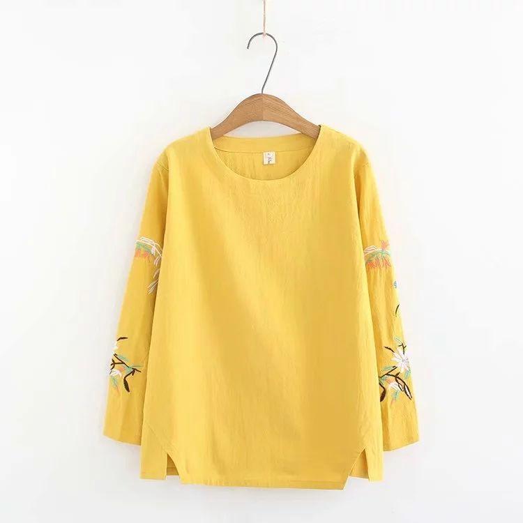 

Женская вышитая рубашка из хлопка с длинным рукавом, блузка больших размеров, винтажная футболка на весну и осень 4XL жёлтый