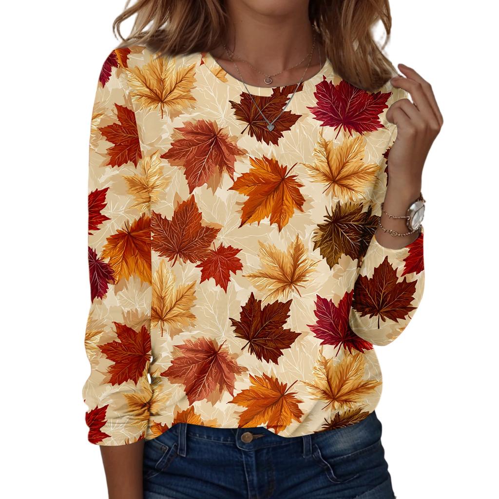 Women's Casual Long Sleeve Blouse with Leaves Print Round Neck Top for Everyday Wear