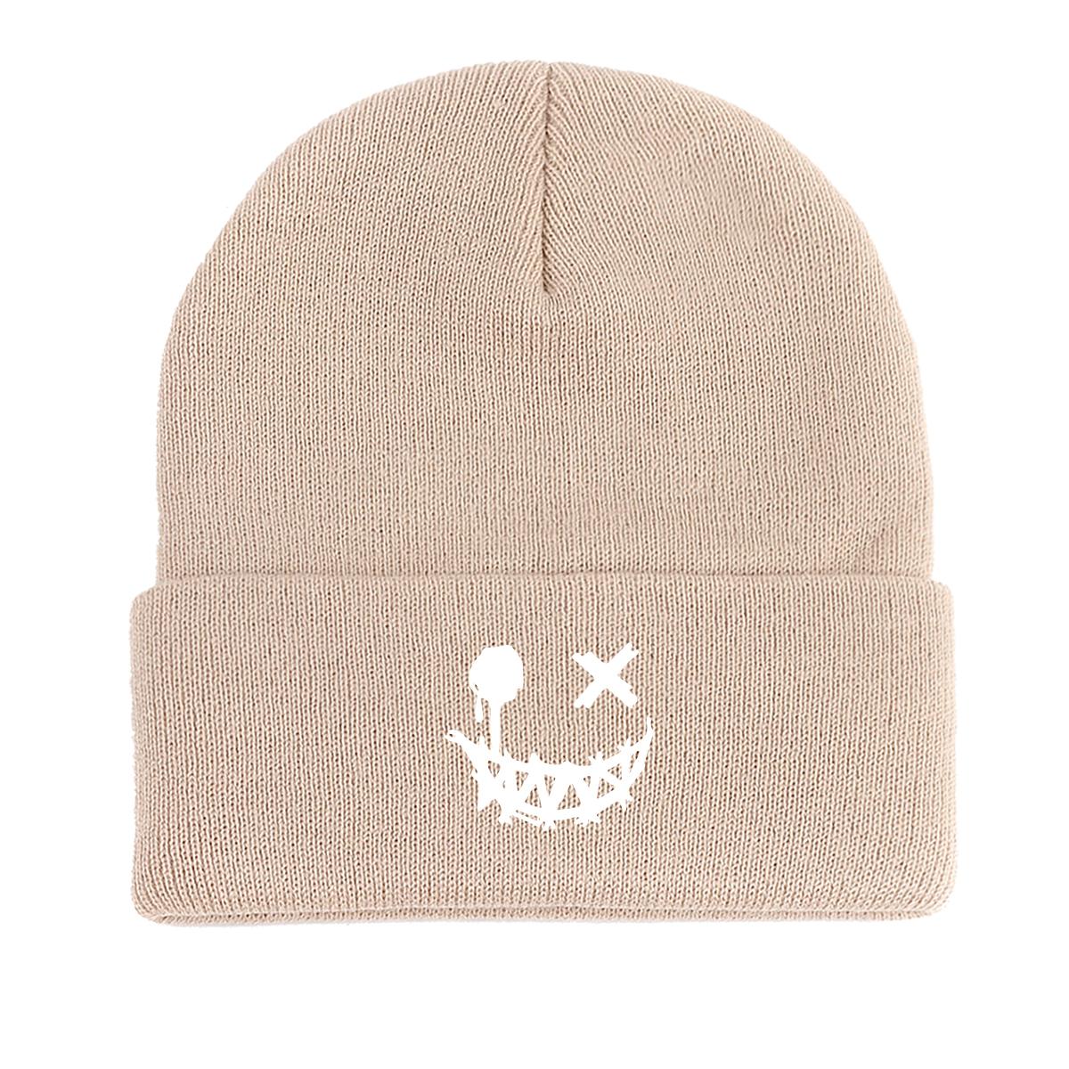 

Xx Eyes Smiley Face Print Knit Cap Beanie, Skull Cap Cancer Chemo Stretching Simple Bobble Hat Knitted Hat Beanie as the picture бежевый