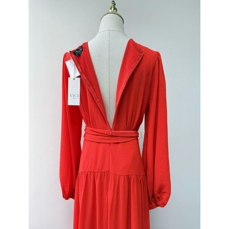 Export Single Vici Orange Chiffon Long Sleeves Red Dress Split Maxi Dress Desert Island Vacation Skirt