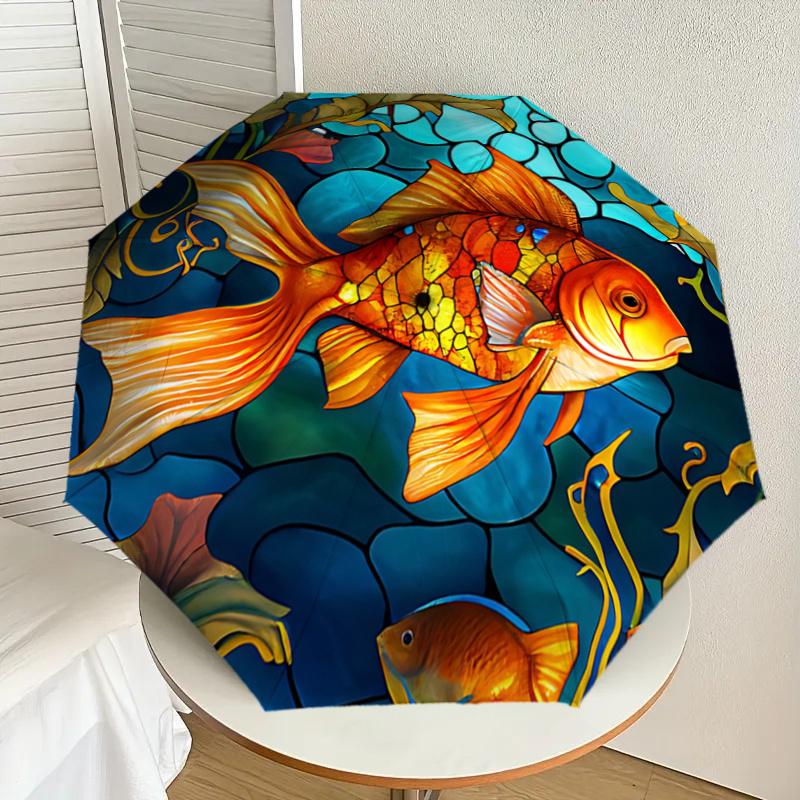 Stained Fish Design Automatic Opening Folding Umbrella with Iron Frame Perfect for Fans,Travelers,Daily Use,and Festive Gifts!1121009a