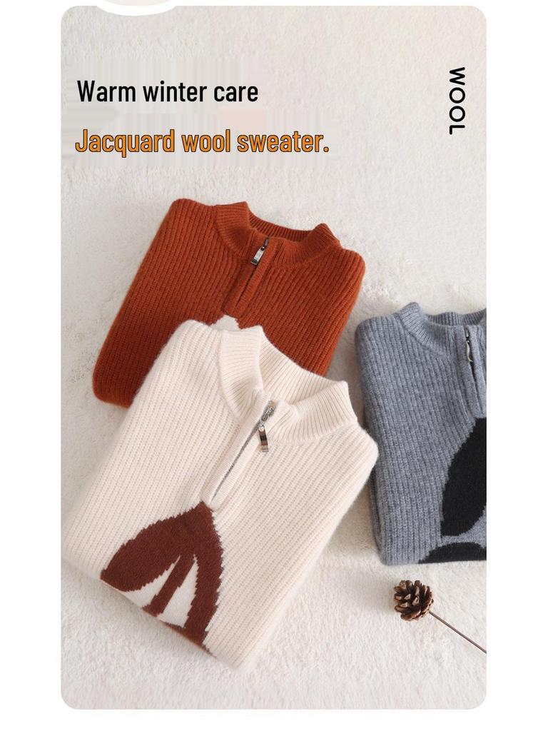 Kids' Cherry Jacquard Wool Pullover Sweater, Unisex Half-Zip Ribbed Base Layer