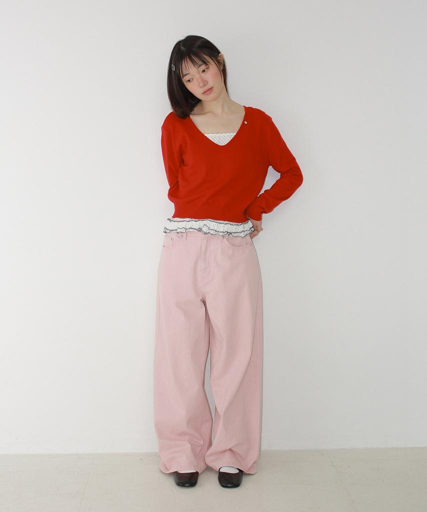 RONRON Basic Deep V Neck Compact Knit Red