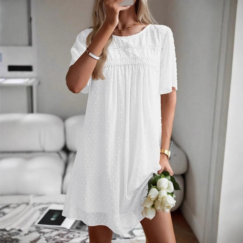 Vente Chaude, Robe d'Été Unie pour Dames Robe à Col Rond Manches Courtes Vêtements pour Femmes