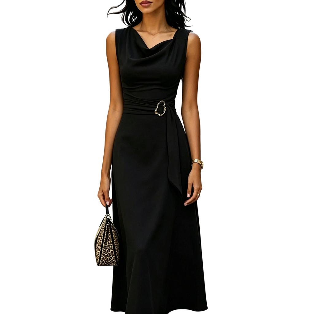 Ärmelloses Midikleid mit asymmetrischem Saum, Taillenbinde-Detail, drapiertem Ausschnitt, elegante Passform mit ausgestelltem Rock, geeignet für verschiedene Anlässe
