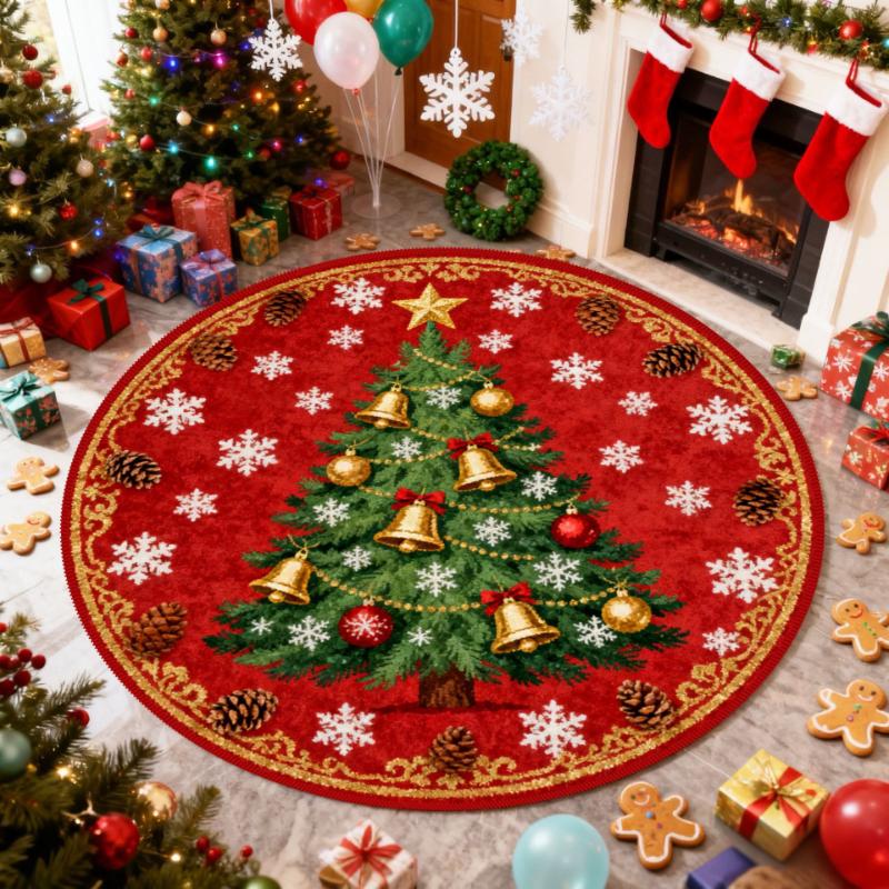 Christmas Tree Pattern Rugs for Bedroom Round Living Room Decoration Red Carpet Soft Study Floor Mat Washable Home Anti-slip Rug