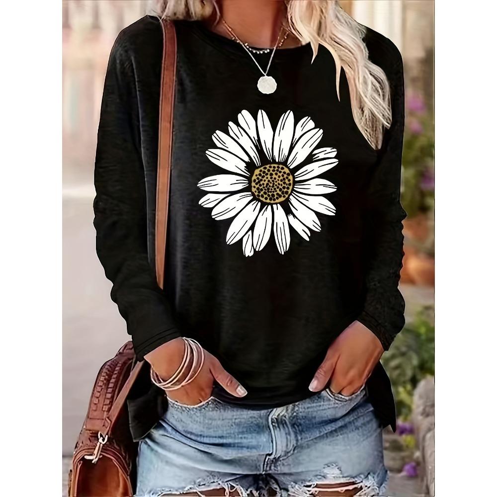 Women's autumn and winter fashionable casual loose sunflower print round neck long sleeved T-shirt top