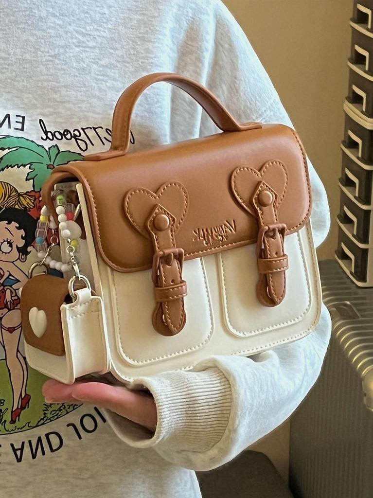 2025 New Color Contrast Women Crossbody Bag Fashion Female Handbag Brown Purple Shoulder Bag with Small Earphone Bag On Side